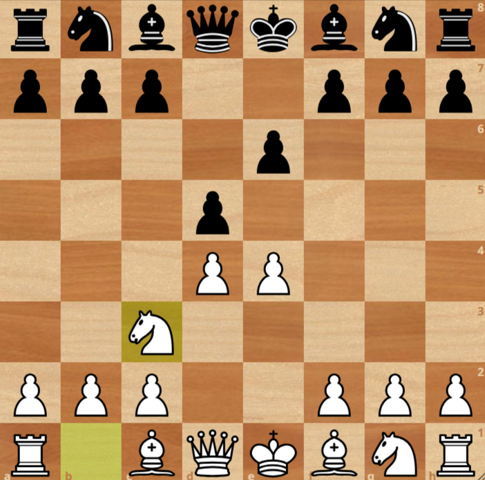 Chessboard showing the French Defense opening. White pawns on d4 and e4, knight on c3; black pawns on d5 and e6. Early game position.