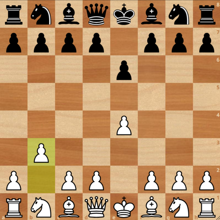 A chessboard shows White playing b3 after 1. e4 e6, with Black’s pieces in starting positions and highlighted b3 square.