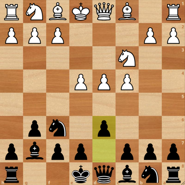 A chessboard showing the opening phase; White has played d4, e4, Nc3, c4, and Black has played g6, Nf6, Bg7, d6.