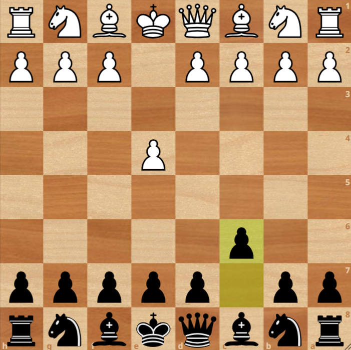 A chessboard displays the opening moves 1.e4 c6, showing the start of the Caro-Kann Defense with pieces in their respective positions.