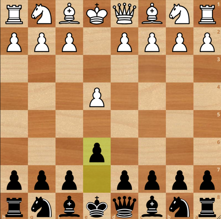A chessboard showing the opening moves: White has played pawn to e4; Black has replied with pawn to e6, starting the French Defense.