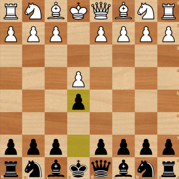 A chessboard showing the opening moves 1. e4 e5 with pieces in their standard starting positions except for the white pawn on e4 and black pawn on e5.