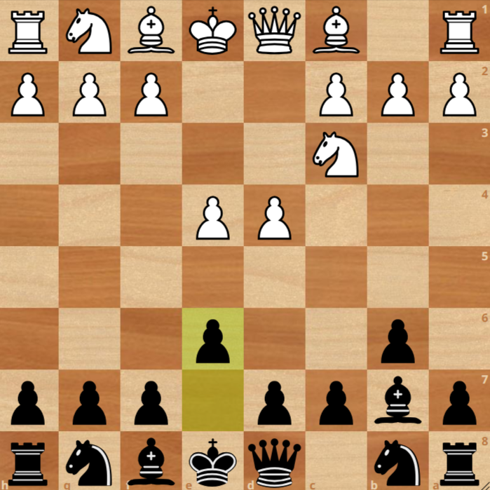A chessboard showing the opening moves of a game: white pawns on d4 and e4, black pawns on b6, e6, and d7, with other pieces in initial positions.