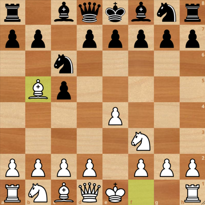 A chessboard showing the opening moves of a game, with White’s bishop on b5, indicating the start of the Ruy López opening.