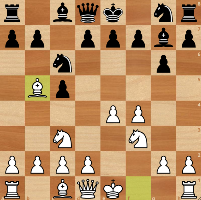 A chess game in progress: White has just moved the bishop to b5, pinning Black's knight on c6 to the king on e8.