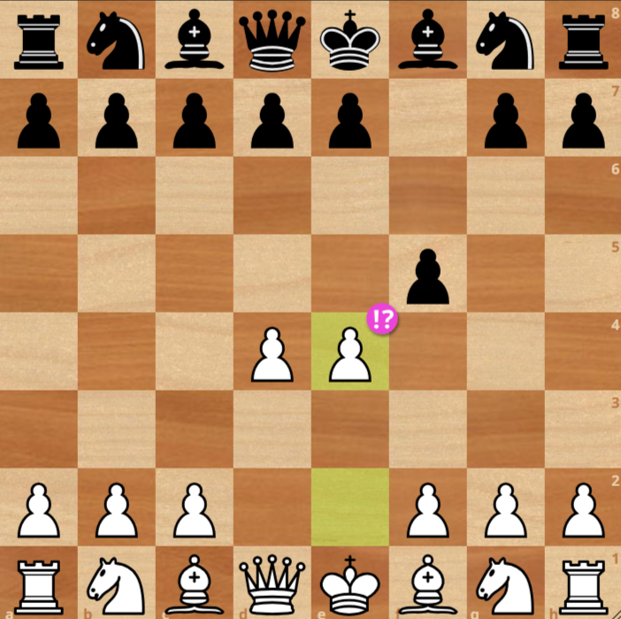 A chessboard shows White playing e4 after Black’s f5 and White’s d4; pieces are in the opening position except for pawns, and a “!?” symbol marks the last move.