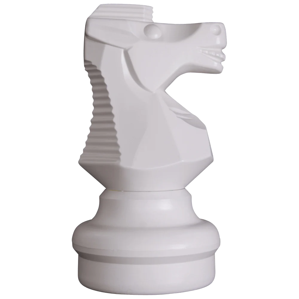 A white plastic chess knight piece is shown against a plain background.