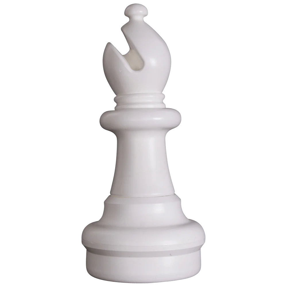 A white plastic chess bishop piece is shown against a plain background.
