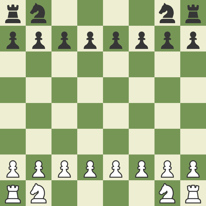 Chessboard showing an unusual setup: knights occupy b1, g1, b8, g8; rooks on a1, h1, a8, h8; pawns fill second and seventh ranks; central squares are empty.