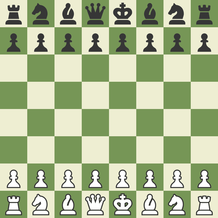 Chessboard set up at the beginning of a game, with all pieces in their starting positions on a green and white board.
