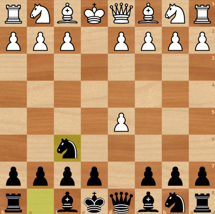 A chessboard illustrating the Scandinavian Defense after 1.e4 d5 2.exd5 Nf6, highlighting Black's modern direct challenge