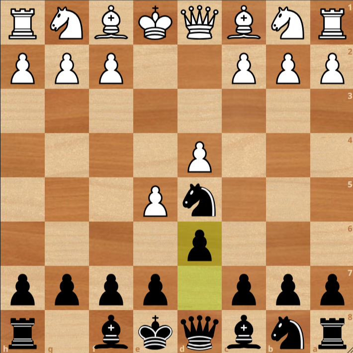 A chessboard shows White to move; Black's knight is on d4, pawn on d6, and White pawns are on d4 and e5. The highlighted d6 square reflects Black’s last move—a dynamic position often seen in sharper chess openings.