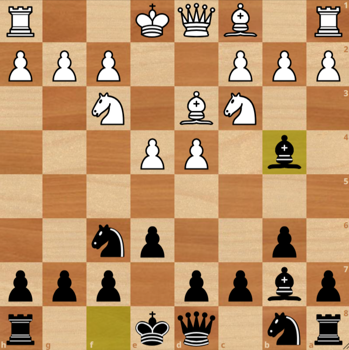 An opening position in Owen's Defense showing Black's queenside fianchetto with a sniper bishop on b7 targeting the e4-square.