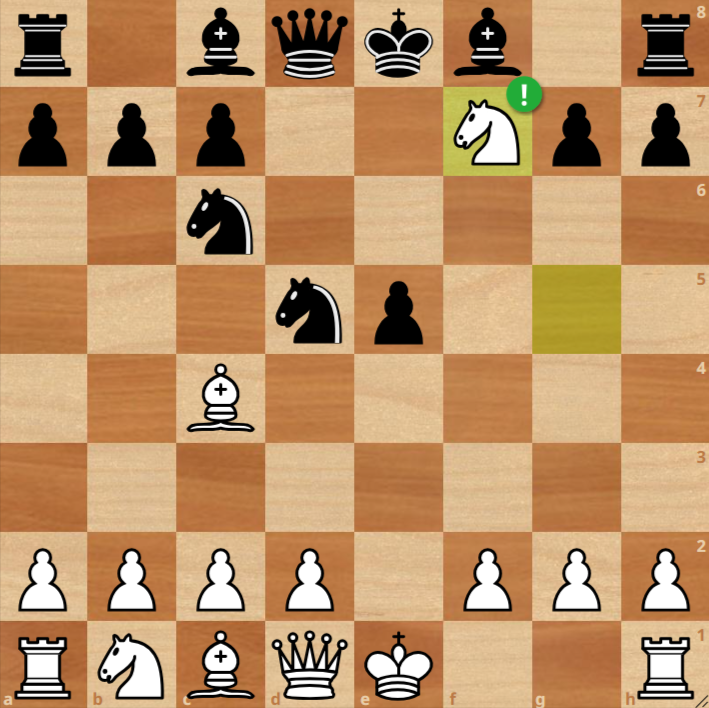 Chess board showing White knight on f7 delivering a fork to Black's queen and rook; Black king is unable to castle. An exclamation mark indicates a strong move.