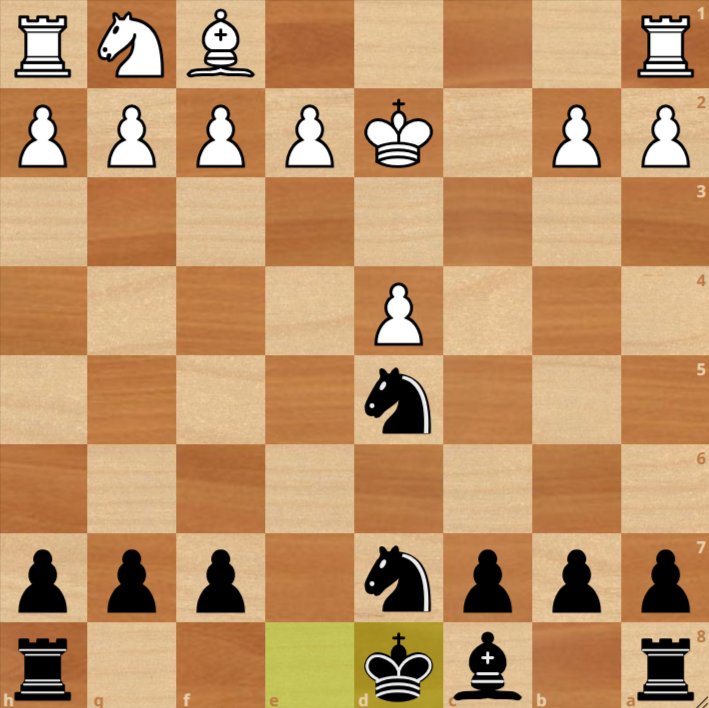A chessboard showing White's king on d2 and Black's knight on d5; it is Black's move after 7 moves.