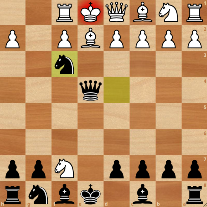A chessboard shows black's queen on e4 and knight on f3, with white's king in check on e1 and rook on f1; white's bishop is on e2.
