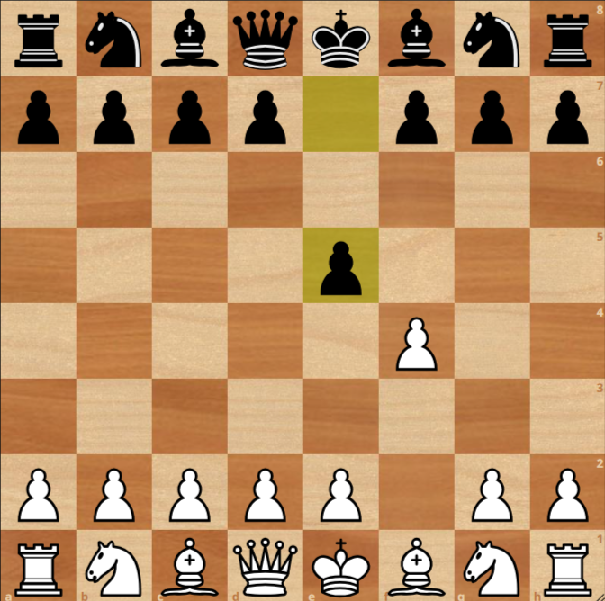 A chessboard shows the opening moves 1.f4 e5, illustrating From's Gambit—a sharp choice among chess openings—with both sides’ pieces in their starting positions except for the f2 and e7 pawns.