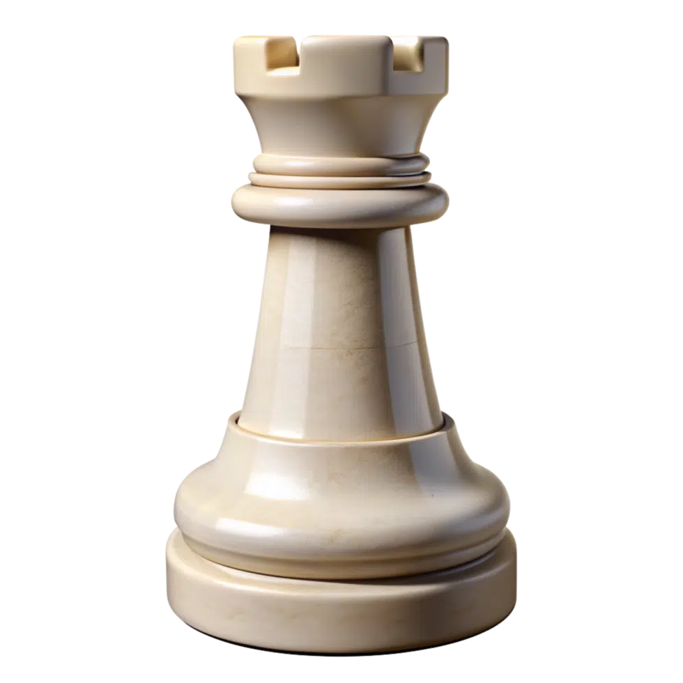 A white rook chess piece made of smooth, polished material, standing upright against a plain white background.