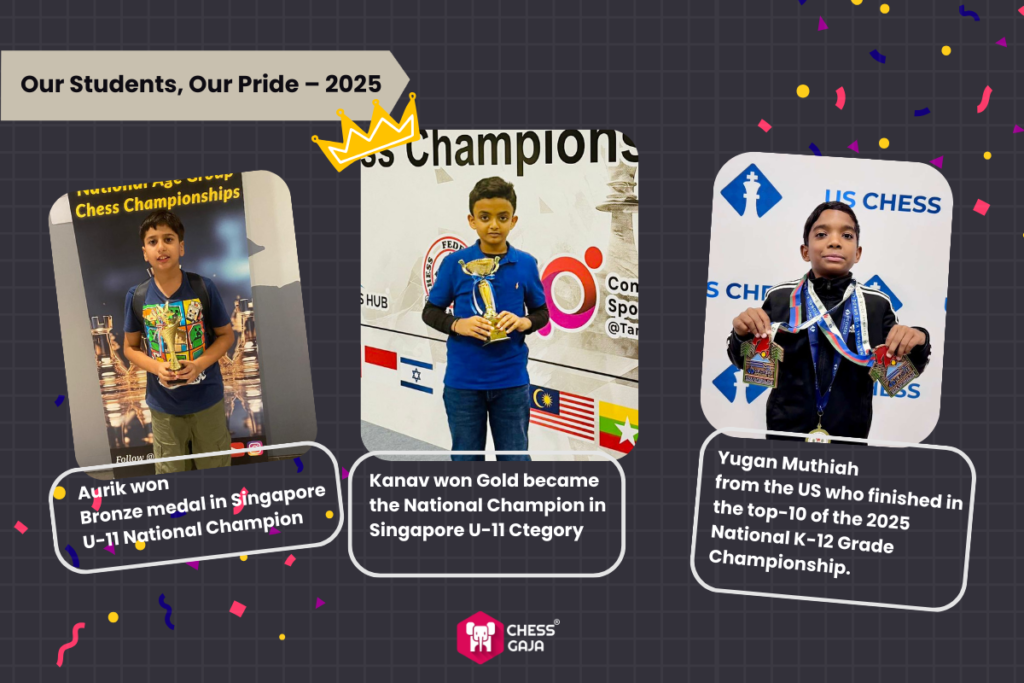 Three students are shown holding chess trophies and medals, recognized for their achievements in national and international chess championships in 2025.