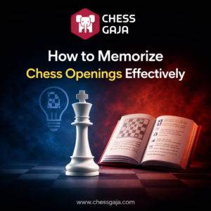 A white chess king stands beside an open chess book, with a lightbulb outline in the background and the text "How to Memorize Chess Openings Effectively" above.