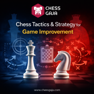 A king and knight chess piece on a board with chess-related icons, and text promoting chess tactics and strategy for game improvement from Chess Gaja.
