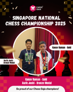 Two boys wearing medals stand side by side at the Singapore National Chess Championship 2025, with text highlighting Kanav Raman as gold and Aurik Joshi as bronze medal winners.