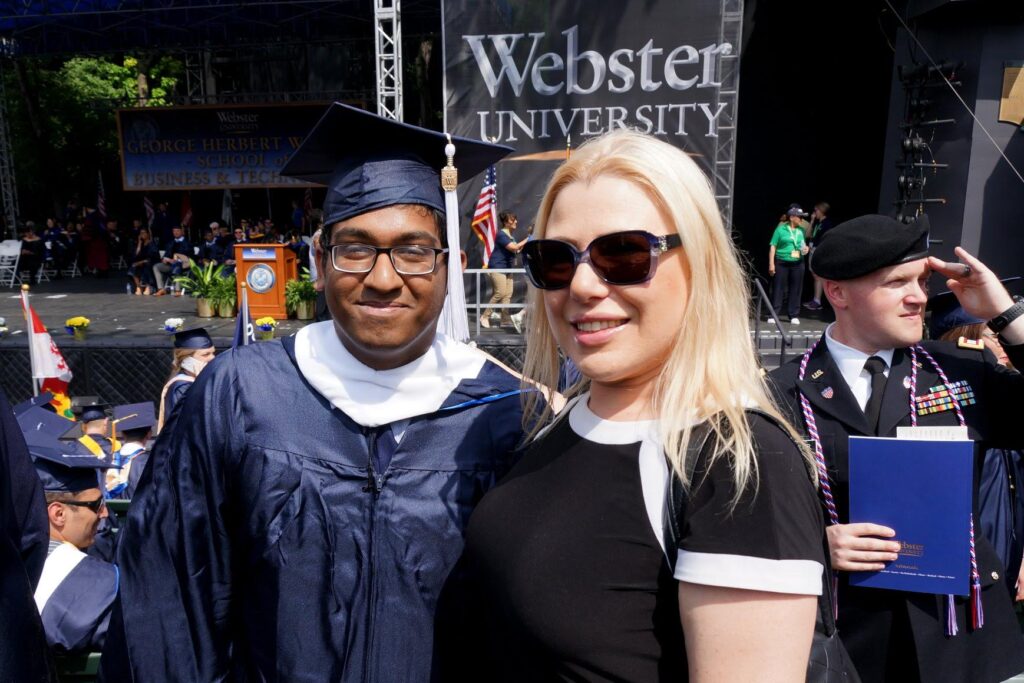 GM Priyadharshan along with his mentor GM and former Women's World Chess Champion Susan Pokgar in the Webster University commencement ceremony outdoors.
GM Priyadharshan was a student athlete in the SPICE program that was in Webster University.