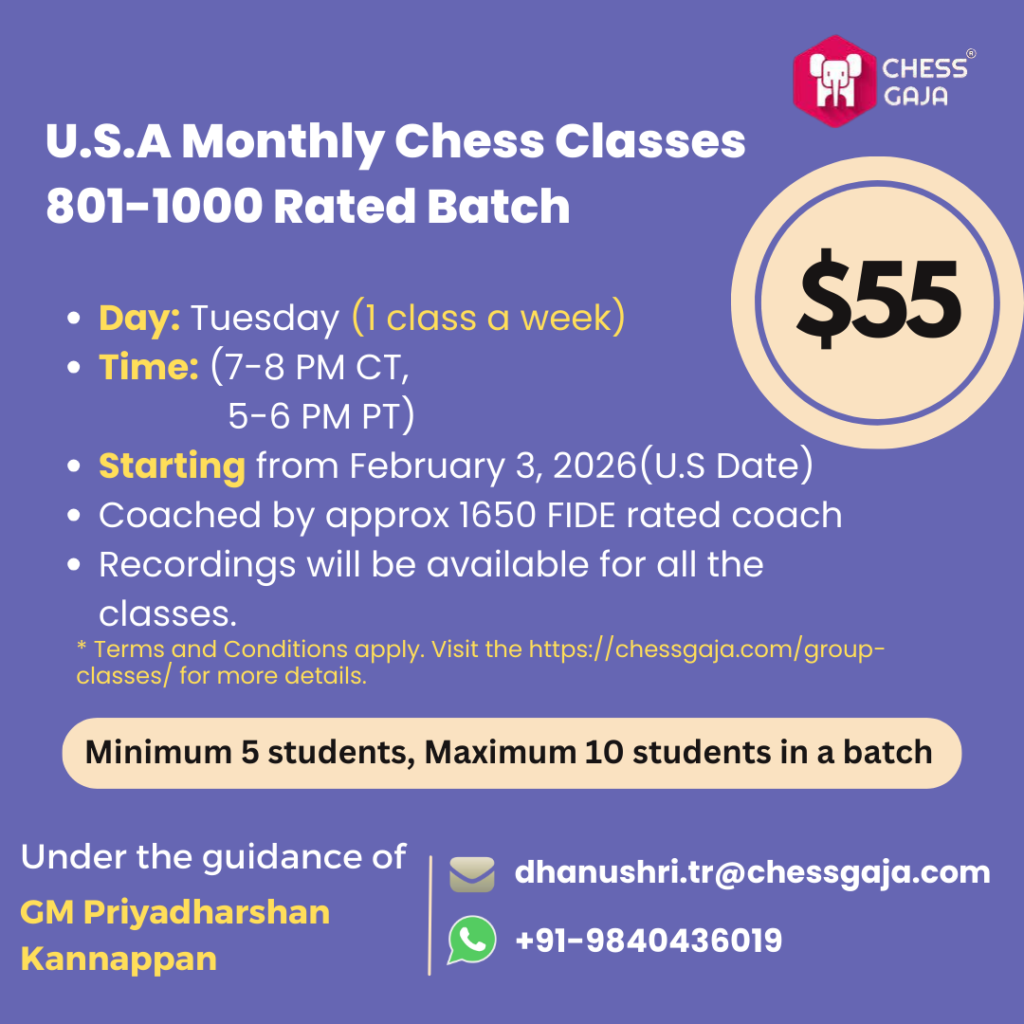 Informational flyer for U.S.A monthly chess classes (801-1000 rated, $55), held Tuesdays online, starting Feb 3, 2026; led by GM Priyadharshan Kannappan. Contact and details provided.