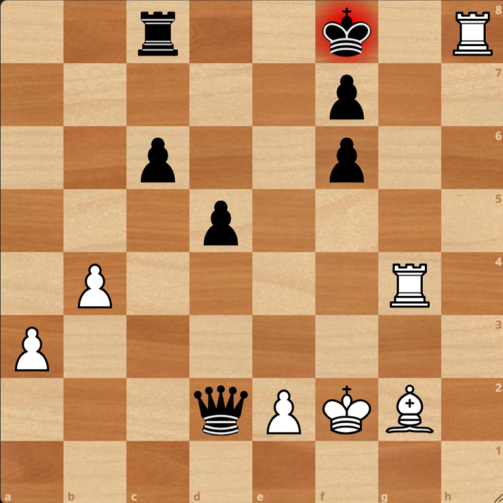 A chessboard shows Black in check; White's rook is on h8, threatening Black's king on f8. Other White pawns are on b4, g2, a3, e2.

Black’s queen is on d2 and we have the skewer patten on the board
