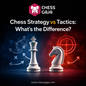 A white king and knight chess piece with strategy symbols and a target, illustrating the difference between chess strategy and tactics. Text: "Chess Strategy vs Tactics: What’s the Difference?.