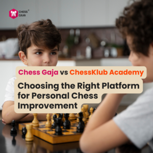 Two boys play chess at a table in a kitchen. Overlaid text reads, "Chess Gaja vs ChessKlub Academy: Choosing the Right Platform for Personal Chess Improvement.