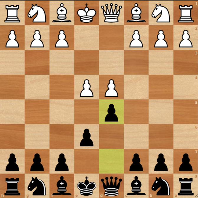 French Defense position on board after 1.e4 e6 2.d4 d5