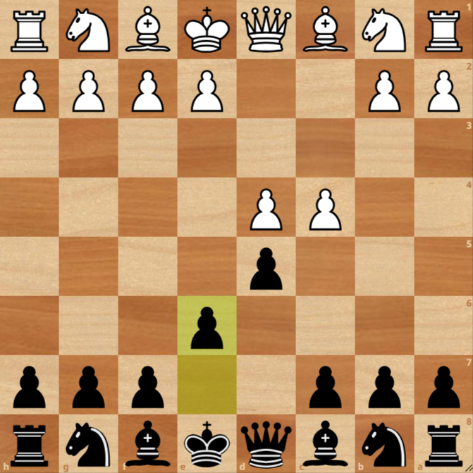 A digital chessboard displays a game in progress with Black having just played pawn to e6; White pawns are on c4 and d4, Black pawns on c5 and d5.