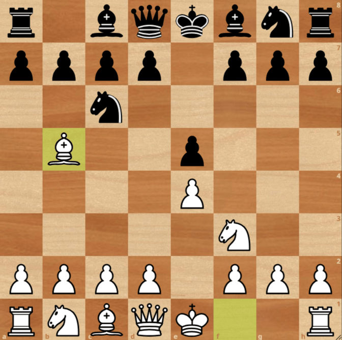 A chessboard shows the Ruy Lopez opening after 1.e4 e5 2.Nf3 Nc6 3.Bb5, with White's bishop attacking Black's knight on c6.