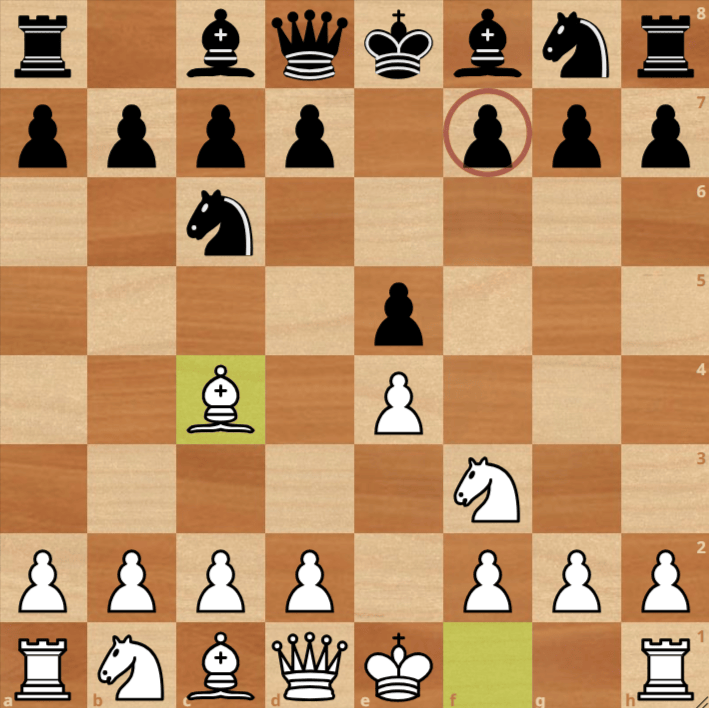 A chessboard shows the Italian Game opening; White’s bishop is on c4, knight on f3, and Black’s knight is on c6. The f7 pawn is highlighted.