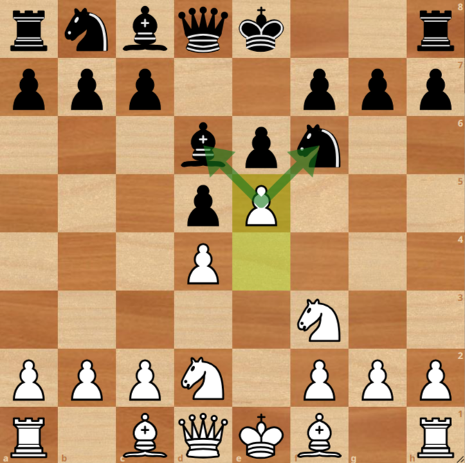 A chessboard showing the French Defense opening; white pawn on e5, black pawns on d5 and e6, arrows from black knight and bishop pointing to e5.