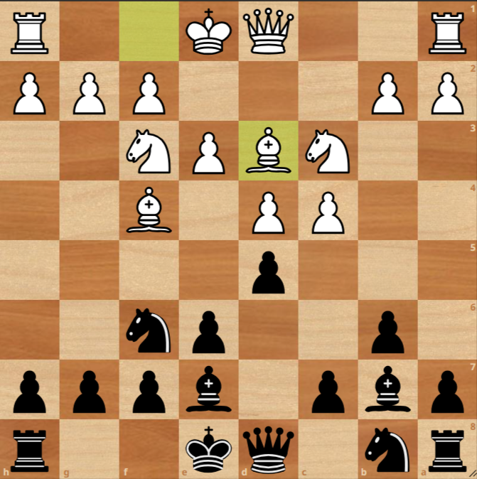 A chessboard shows White and Black in the opening phase; it is White’s turn, with pieces developed and no captures made. The board is seen from White's perspective.