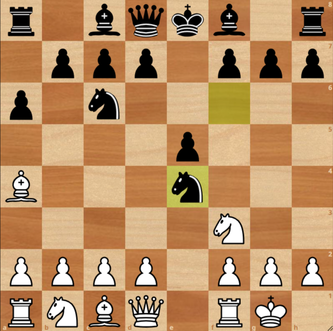 Open variation of Ruy Lopez on the board after 1.e4 e5 2.Nf3 Nc6 3.Bb5 a6 4.Ba4 Nf6 5.0-0 Nxe4 and it's now White to play