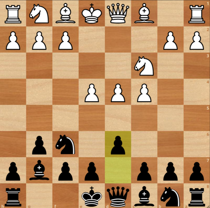 Kings Indian Defence position on the board after 1.d4 Nf6 2.c4 g6 3.Nc3 Bg7 4.e4 d6 and it's now White to play