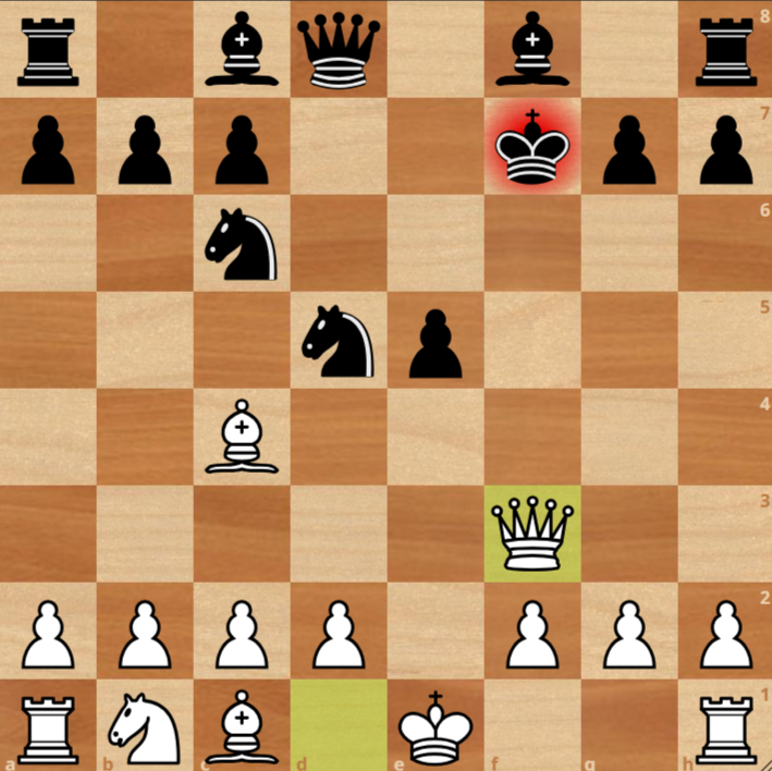 Chessboard showing White's queen on f3 giving check, forcing the Black king to advance to e6 to defend the pinned d5-knight.