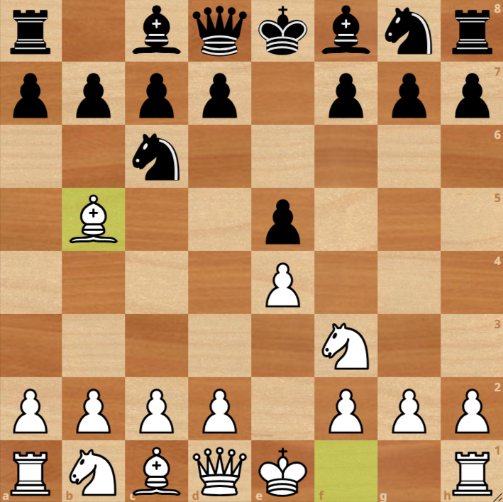 Chessboard displaying the Ruy Lopez opening after 1.e4 e5 2.Nf3 Nc6 3.Bb5; White's bishop attacks Black's knight on c6.