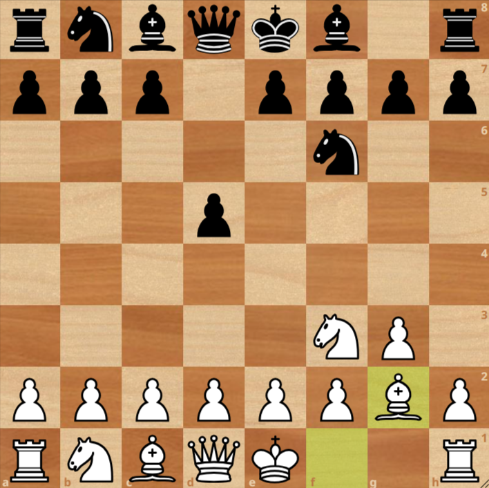 White uses a hypermodern setup with Nf3 and a kingside fianchetto (g3 and Bg2) to control the center with pieces.