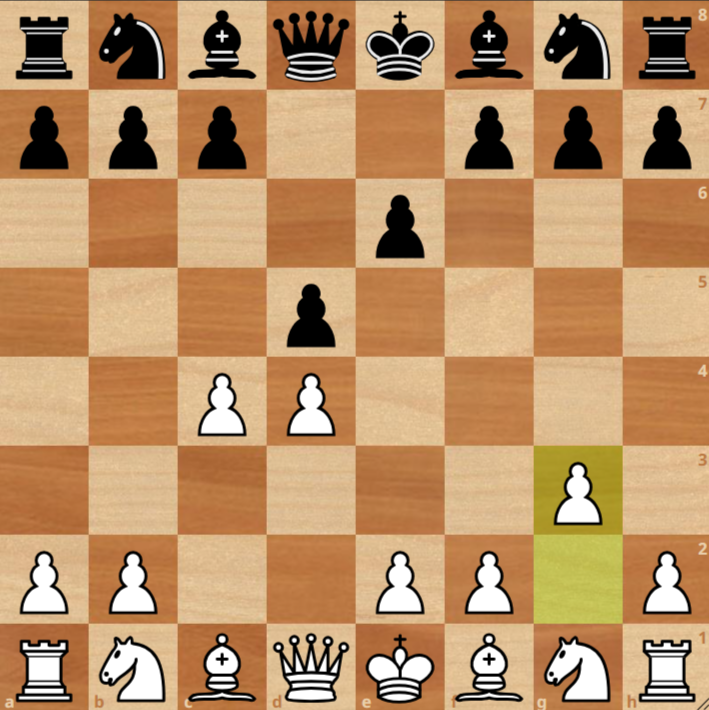 A chessboard shows the position after 1.d4 d5 2.c4 e6 3.g3, with White to move.