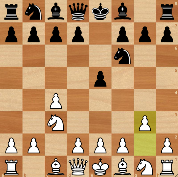 A chessboard shows White's g2 pawn moved to g3; Black has pieces developed at f6 and e5. It is White's turn.