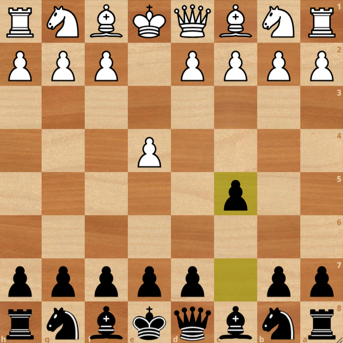 A chessboard showing the opening moves 1. e4 c5, known as the Sicilian Defense, with White pawns on e4 and Black pawns on c5.