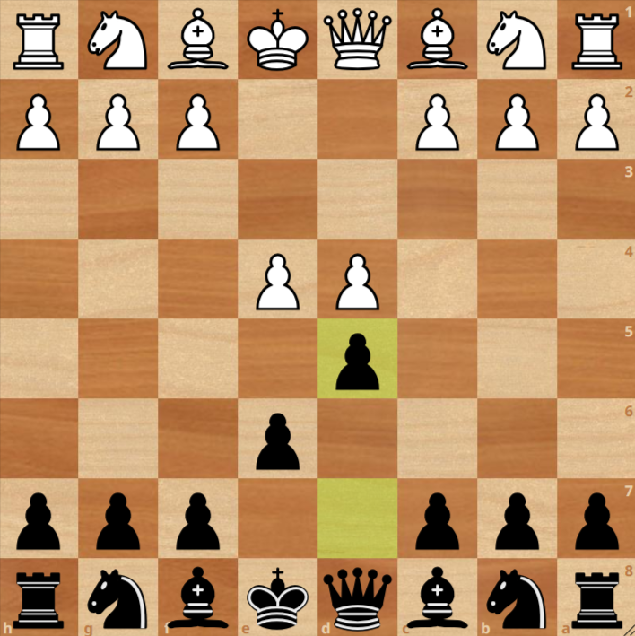 A chessboard showing the position after 1. e4 e6 2. d4 d5  with highlighted square d5 where Black has just moved their pawn.