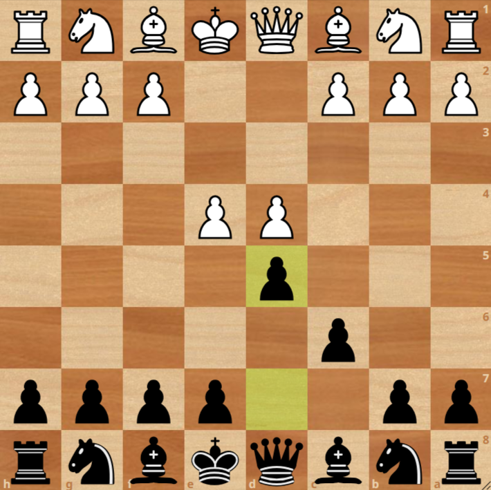 A chessboard shows the position after 1. d4 d5 2. e4 c6, with White to move.