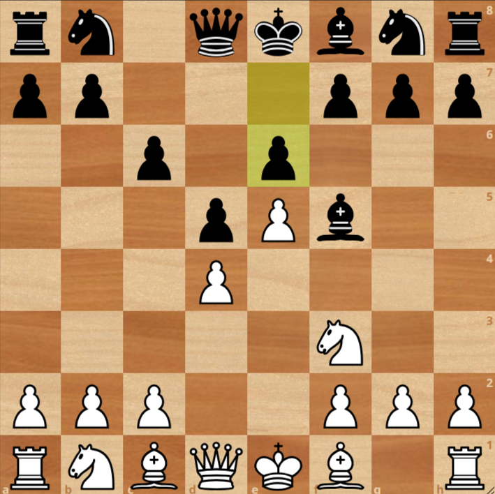 A chessboard showing the position after 1. d4 d5 2. Nf3 c6 3. e3 Bf5 4. e5 e6. It is White's turn to move.