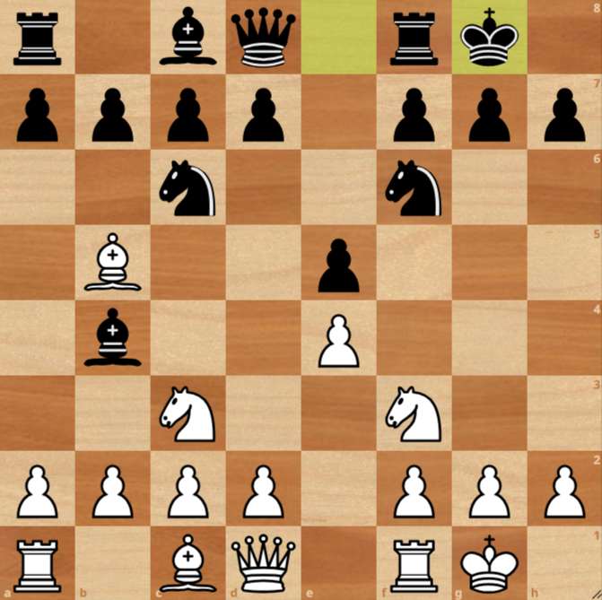 A chessboard showing the opening stage with White and Black having castled kingside; it is move 7 in the Ruy López Opening, Berlin Defense.