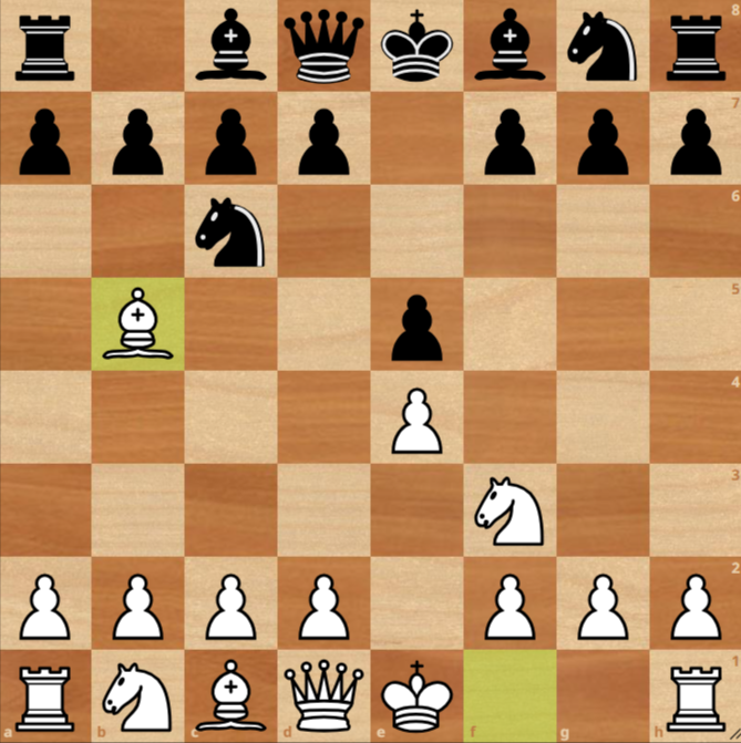 A chessboard showing the Ruy Lopez opening: White bishop on b5, knight on f3; Black knight on c6, both sides have pawns on e4 and e5.